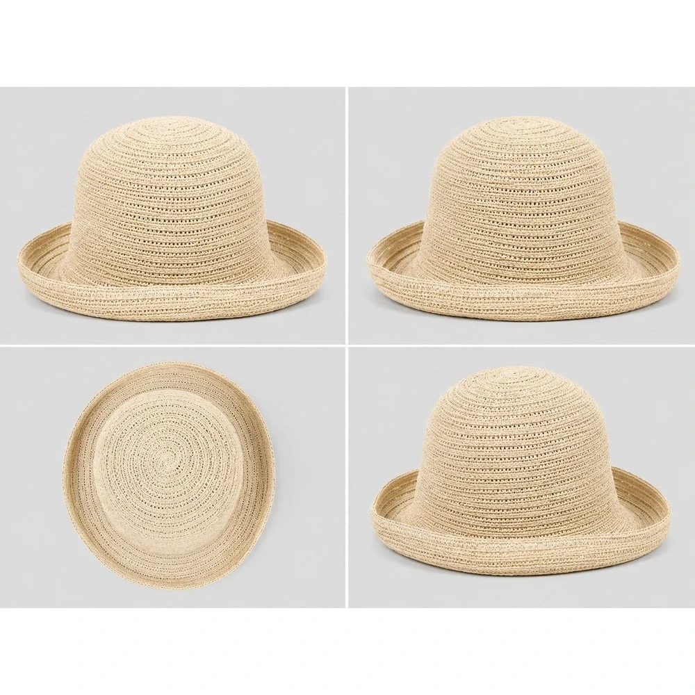Tan Woven Straw Cloche Sun Hat RN 80934 Short Brim Summer Bucket Hat